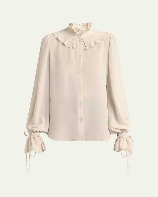 High Neck Pleated Ruffle Blouse